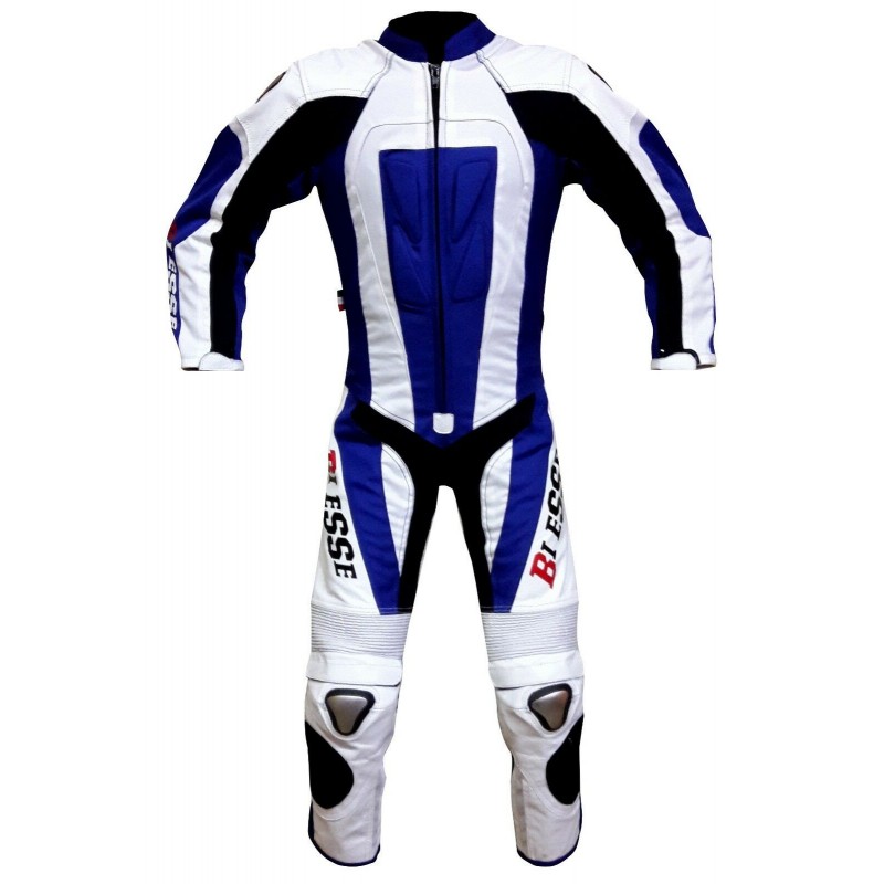 Tuta minimoto Biesse divisibile pelle e tessuto blu bianco nero - fronte